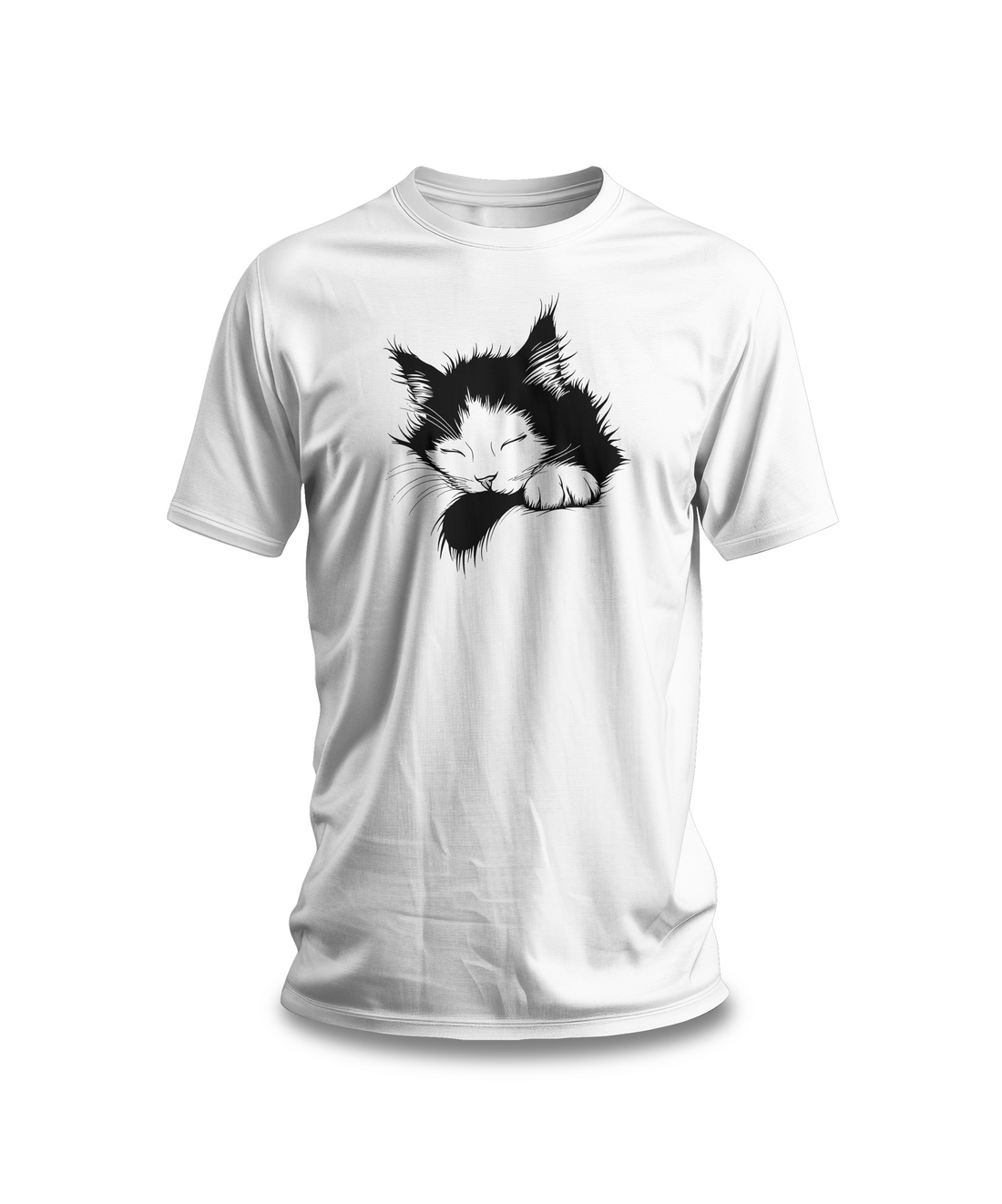 Sleeping Cat T-Shirt | White Cotton Tee with Black and White Cat Design | Comfortable and Stylish Unisex Shirt for Cat Lovers