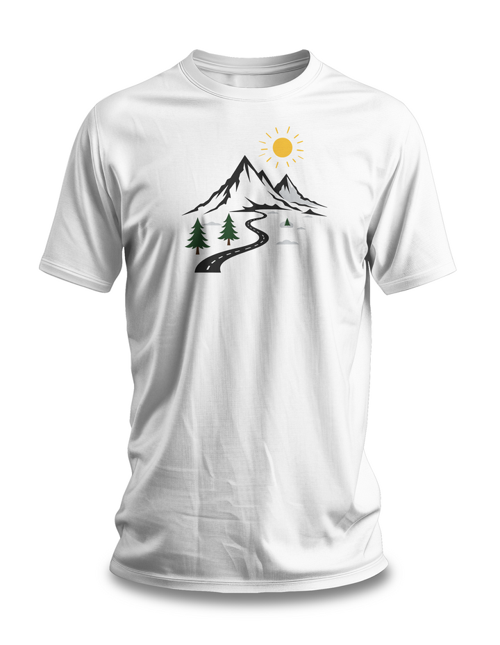 Mountain-Adventure-T-Shirt - Scenic-Road-Trip-Tee - Nature-Lover-Graphic-Shirt - Outdoor-Explorer-White-Tee - Travel-Wanderlust-Clothing