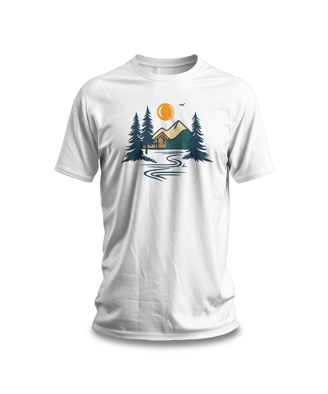 Cabin in the Woods T-Shirt | White Cotton Tee with Scenic Nature Design | Comfortable and Stylish Unisex Outdoor Shirt