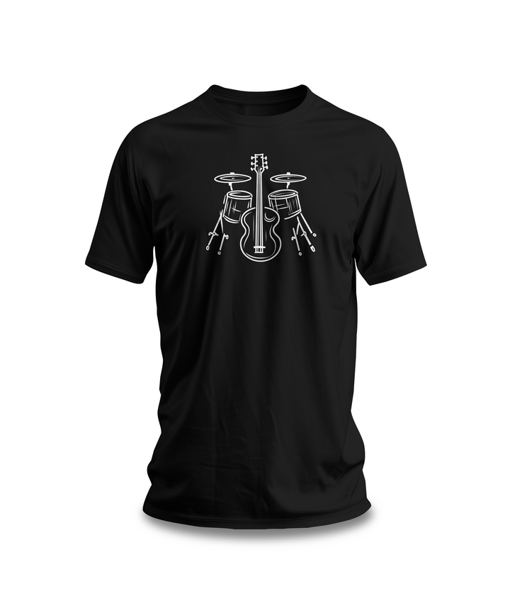 Music Instrument Line Art T-Shirt | Black Cotton Tee with Drums and Guitar Minimalist Design | Stylish and Comfortable Unisex Shirt