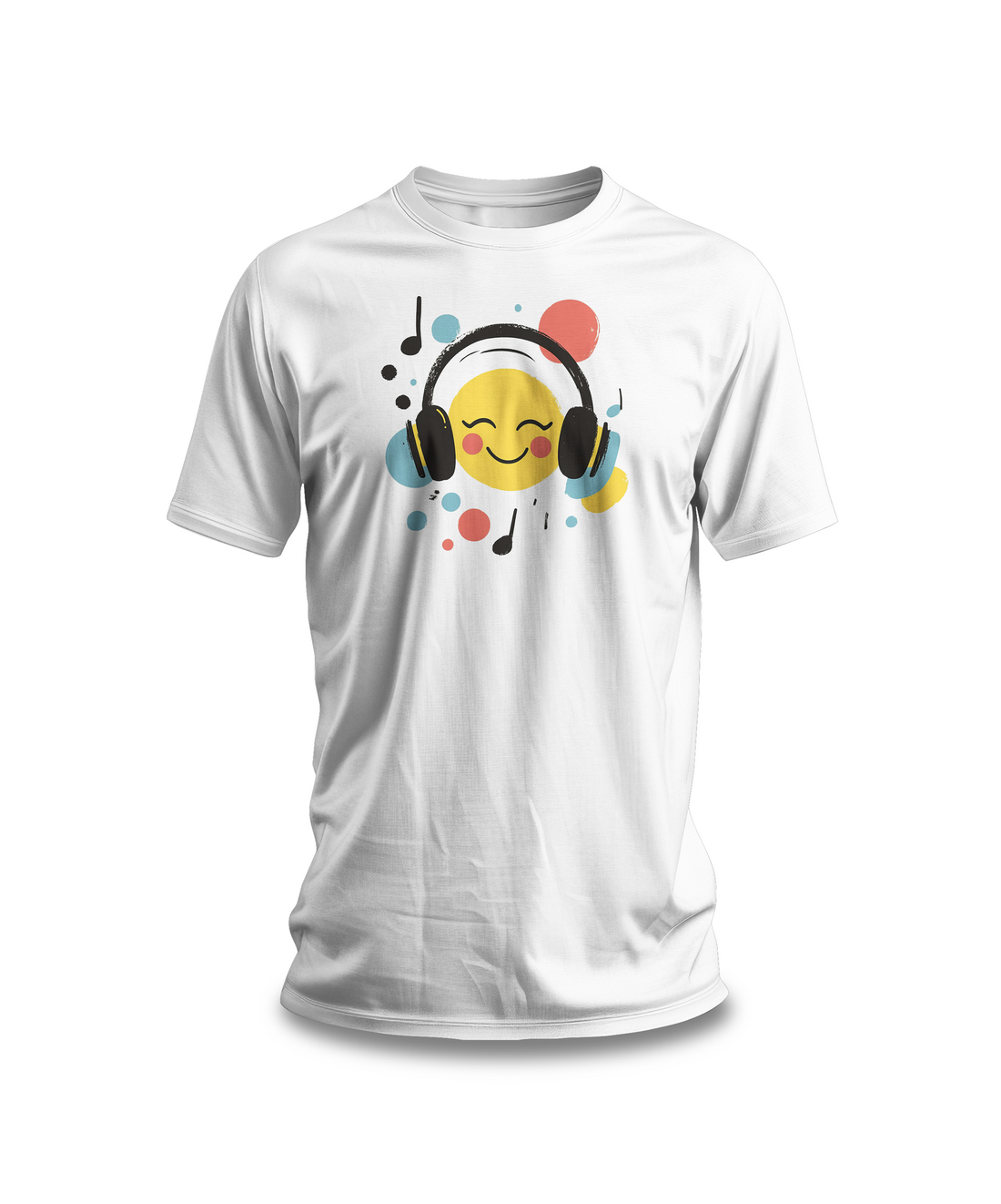 Smiley Face with Headphones T-Shirt | White Cotton Tee with Fun Music Emoji Design | Stylish and Comfortable Unisex Shirt