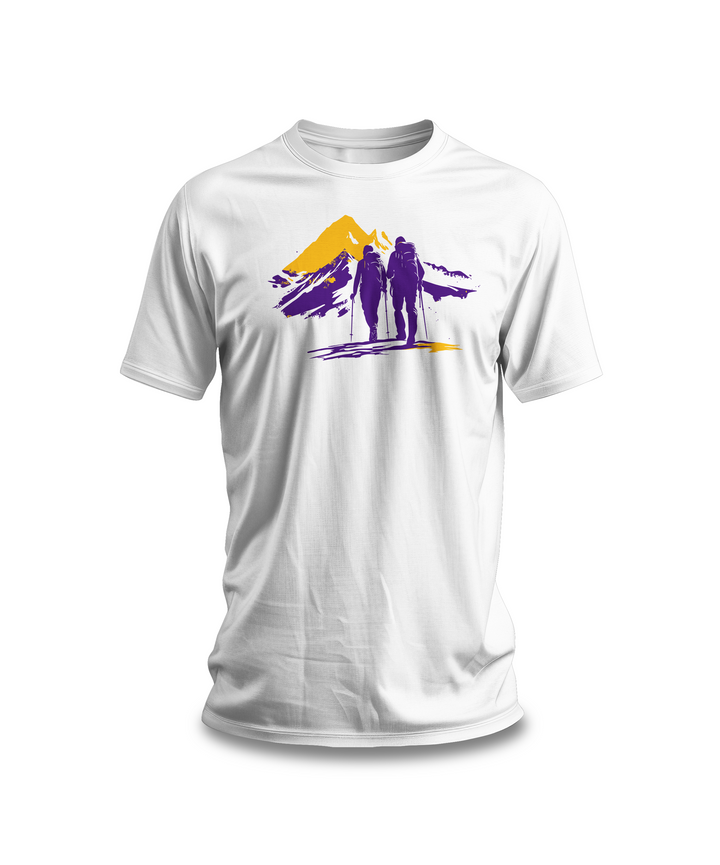 Hiking Adventure T-Shirt | White Cotton Tee with Mountain and Hikers Design | Stylish and Comfortable Unisex Shirt for Outdoor Enthusiasts