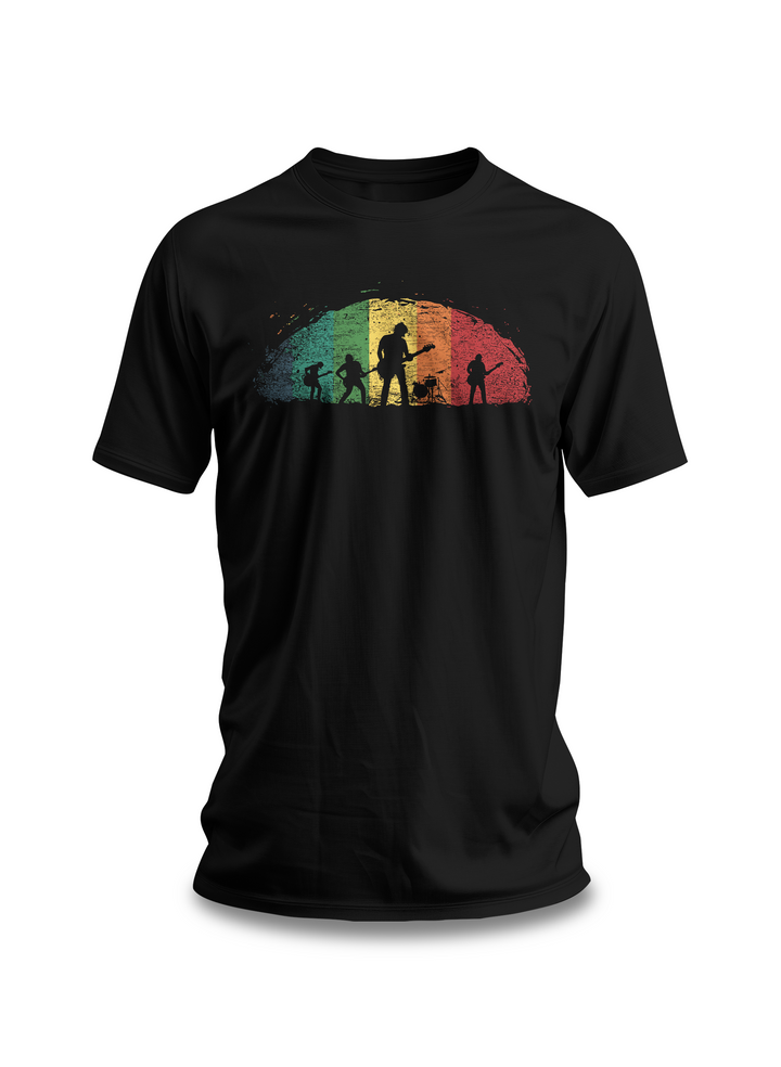 Retro Band Silhouette T-Shirt | Black Cotton Unisex Tee with Rainbow Music Design | Perfect for Concerts & Music Enthusiasts