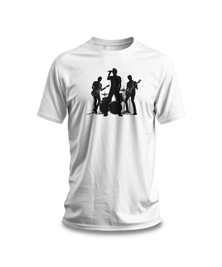 Band Silhouette T-Shirt | White Cotton Tee with Black Music Band Design | Stylish and Comfortable Unisex Shirt