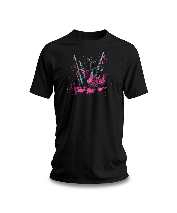 Rock Band Splatter Art T-Shirt | Black Cotton Tee with Vibrant Guitar and Drums Design | Stylish and Comfortable Unisex Shirt