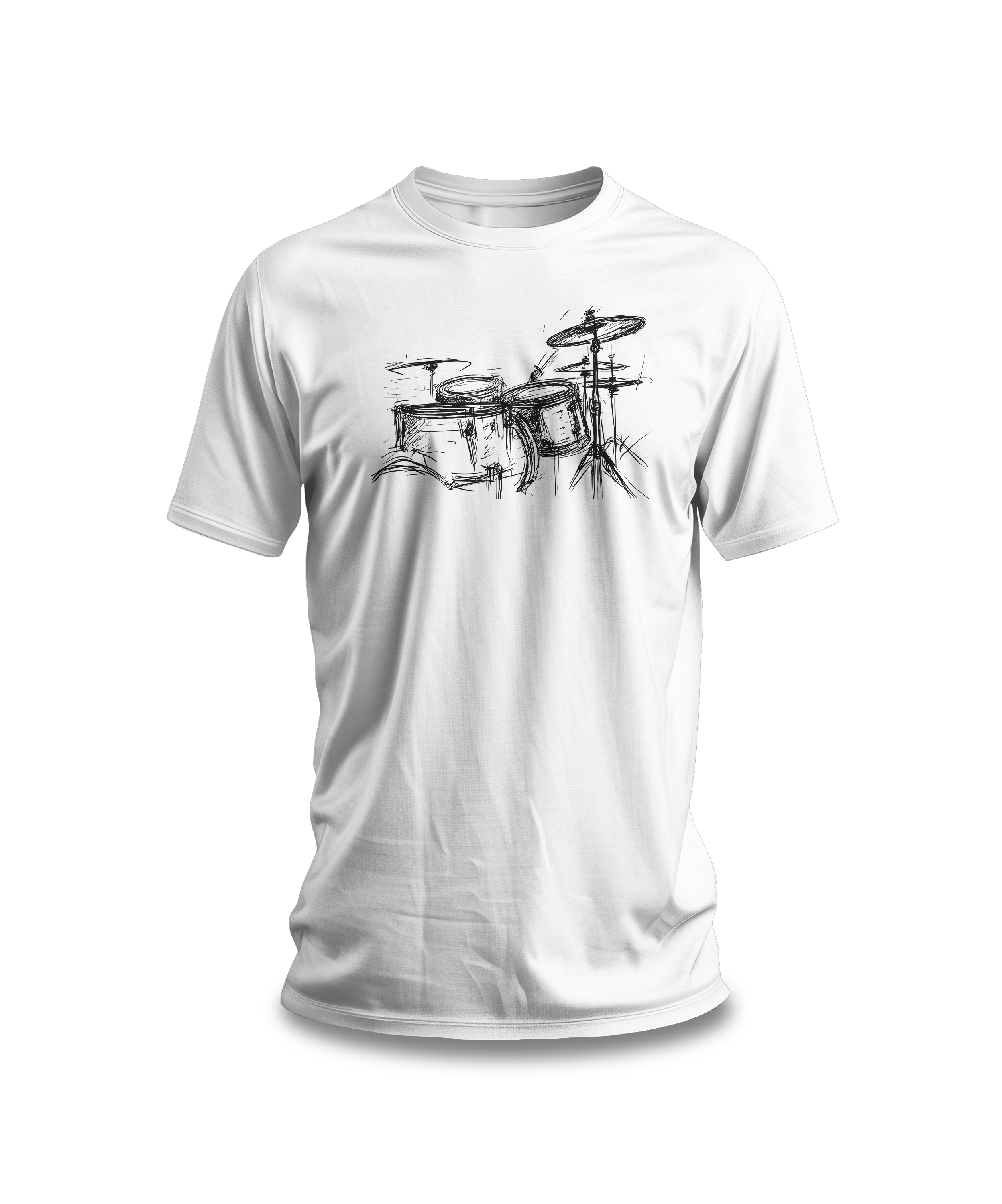 White cotton t-shirt with a hand-drawn artistic sketch of a drum kit in the center.