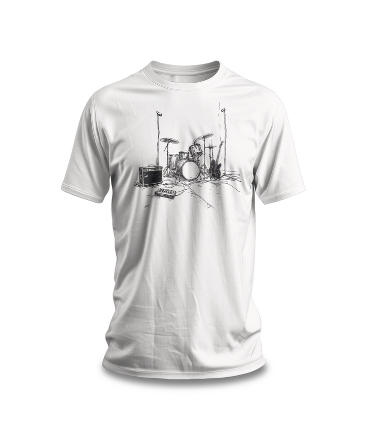 Musical Instruments Line Art T-Shirt | White Cotton Tee with Drum Set and Guitar Sketch Design | Stylish and Comfortable Unisex Shirt