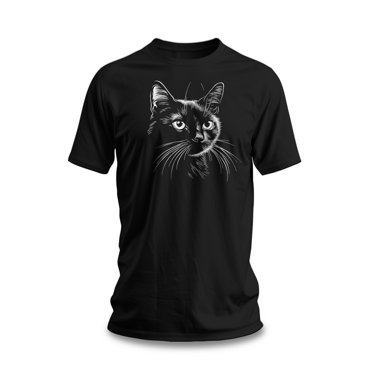 Black Cat Graphic T-Shirt | Artistic Cat Head Design on Black Cotton Tee | Comfortable and Stylish Unisex Shirt for Men and Women