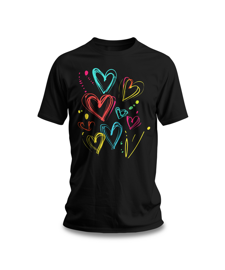 Colorful Heart Sketch T-Shirt | Black Cotton Tee with Vibrant Love Design | Stylish and Comfortable Unisex Shirt