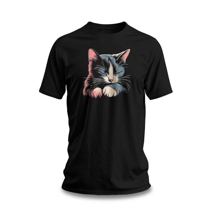 Sleeping Cat Graphic T-Shirt | Black Cotton Tee with Adorable Cat Design | Comfortable and Stylish Casual Wear for Animal Lovers | Unisex Graphic Tee for Men and Women