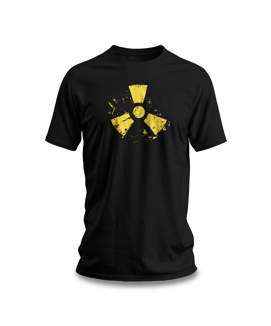 Distressed Radiation Symbol T-Shirt | Black Cotton Tee with Grunge Yellow Hazard Design | Stylish and Comfortable Unisex Shirt