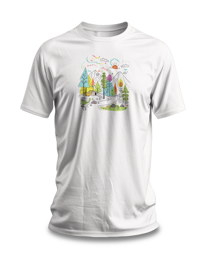 Whimsical Nature Adventure T-shirt | Colorful Doodle Mountain Design | Outdoor Enthusiast Graphic Tee