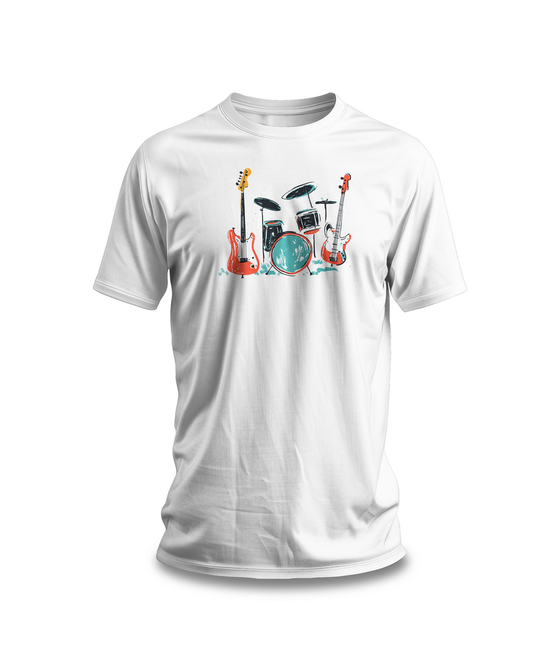 Band Instruments T-Shirt | White Cotton Tee with Colorful Drums and Guitars Design | Stylish and Comfortable Unisex Shirt