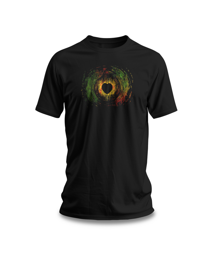 Rasta Heartbeat T-Shirt | Reggae Vibes Tee | Colorful Vinyl Record Design | Gift for Music Lovers | Unique Artistic Black T-Shirt