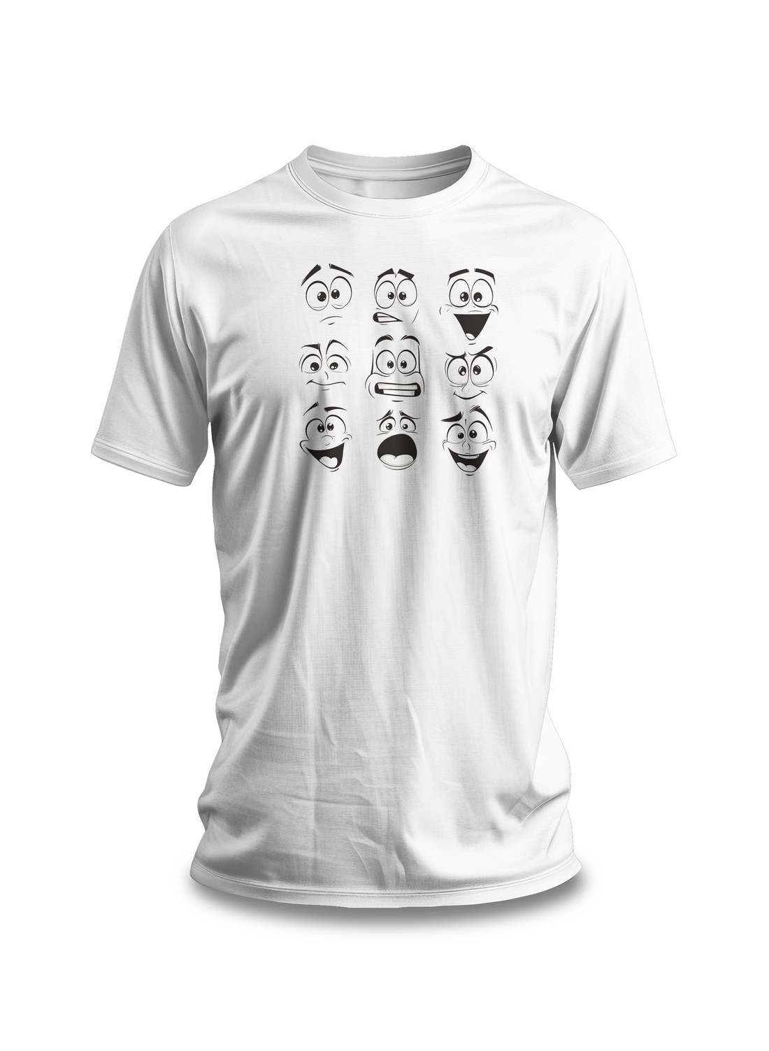 Cartoon Faces T-Shirt | White Cotton Unisex Tee with Fun Expressive Emotions Design | Perfect for Casual Wear