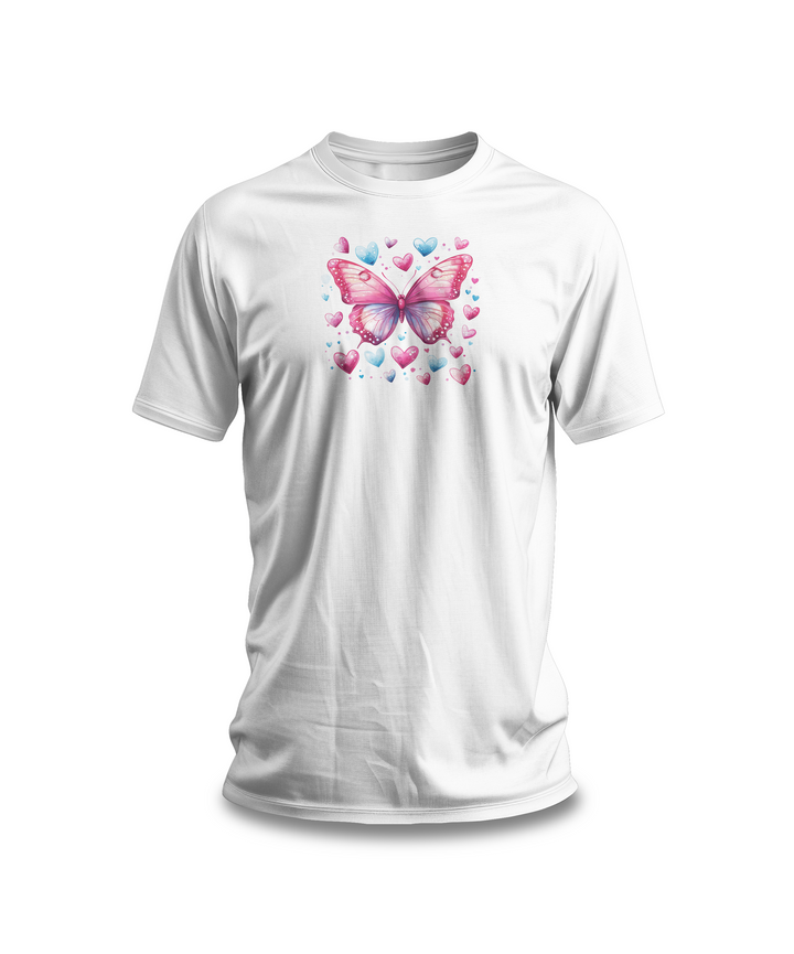 Butterfly and Hearts T-Shirt | Cute Nature Tee | Pastel Pink and Blue Design | Gift for Women and Girls | Artistic Butterfly Shirt