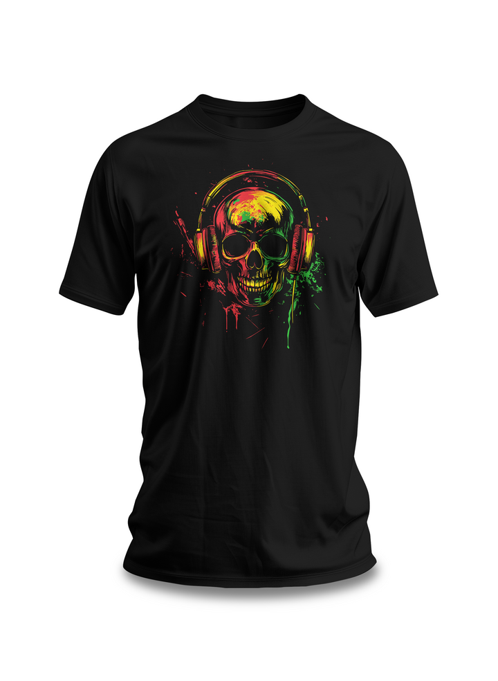 Vibrant Skull with Headphones T-Shirt | Black Cotton Unisex Tee with Colorful Skull Design | Perfect for Music and Art Lovers