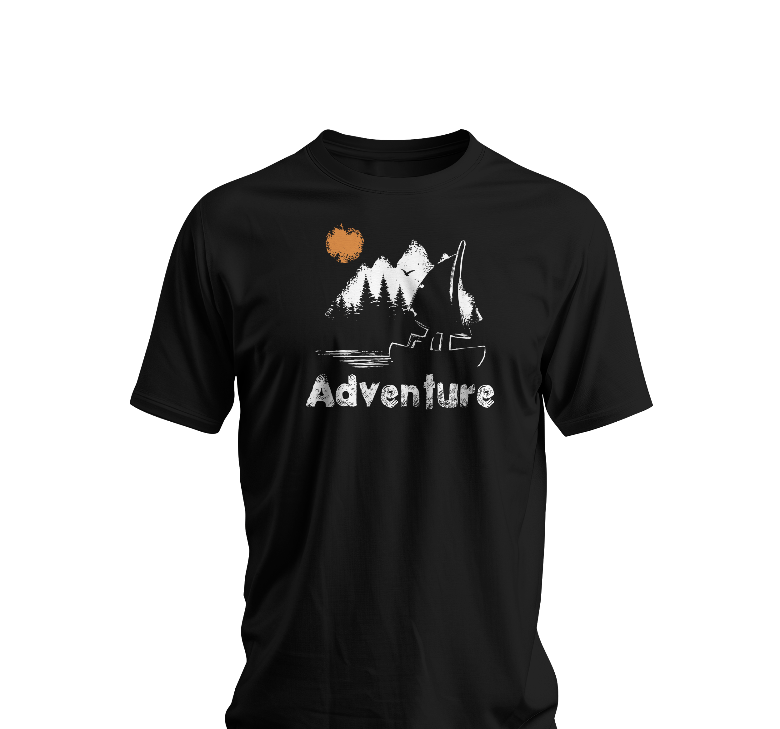 Black Adventure T-Shirt – Canoe, Forest & Sunset Design – Hiking Gift UK