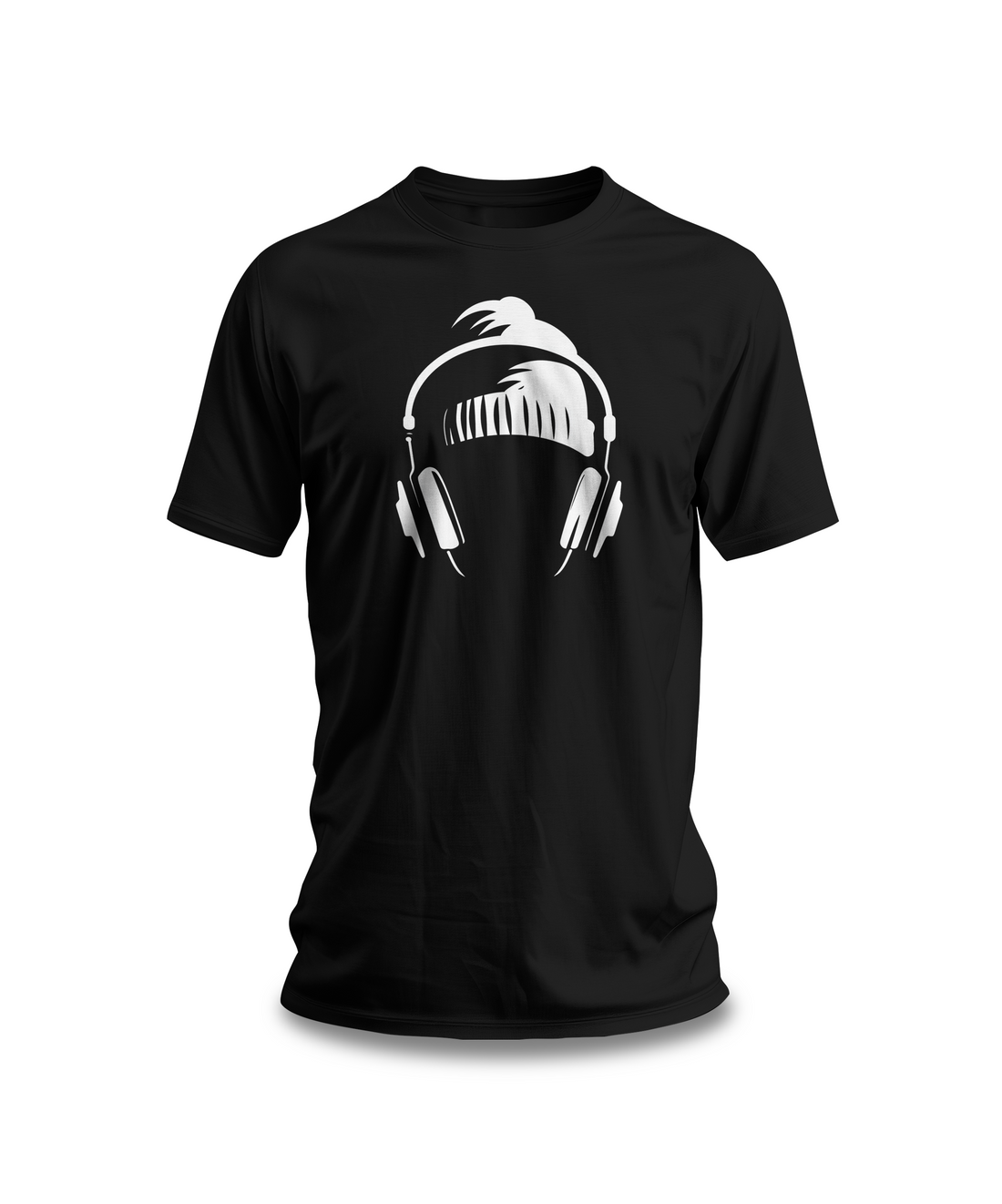 Headphones and Beanie Graphic T-Shirt | Black Cotton Tee with Minimalist Music Design | Stylish and Comfortable Unisex Shirt for Music Enthusiasts