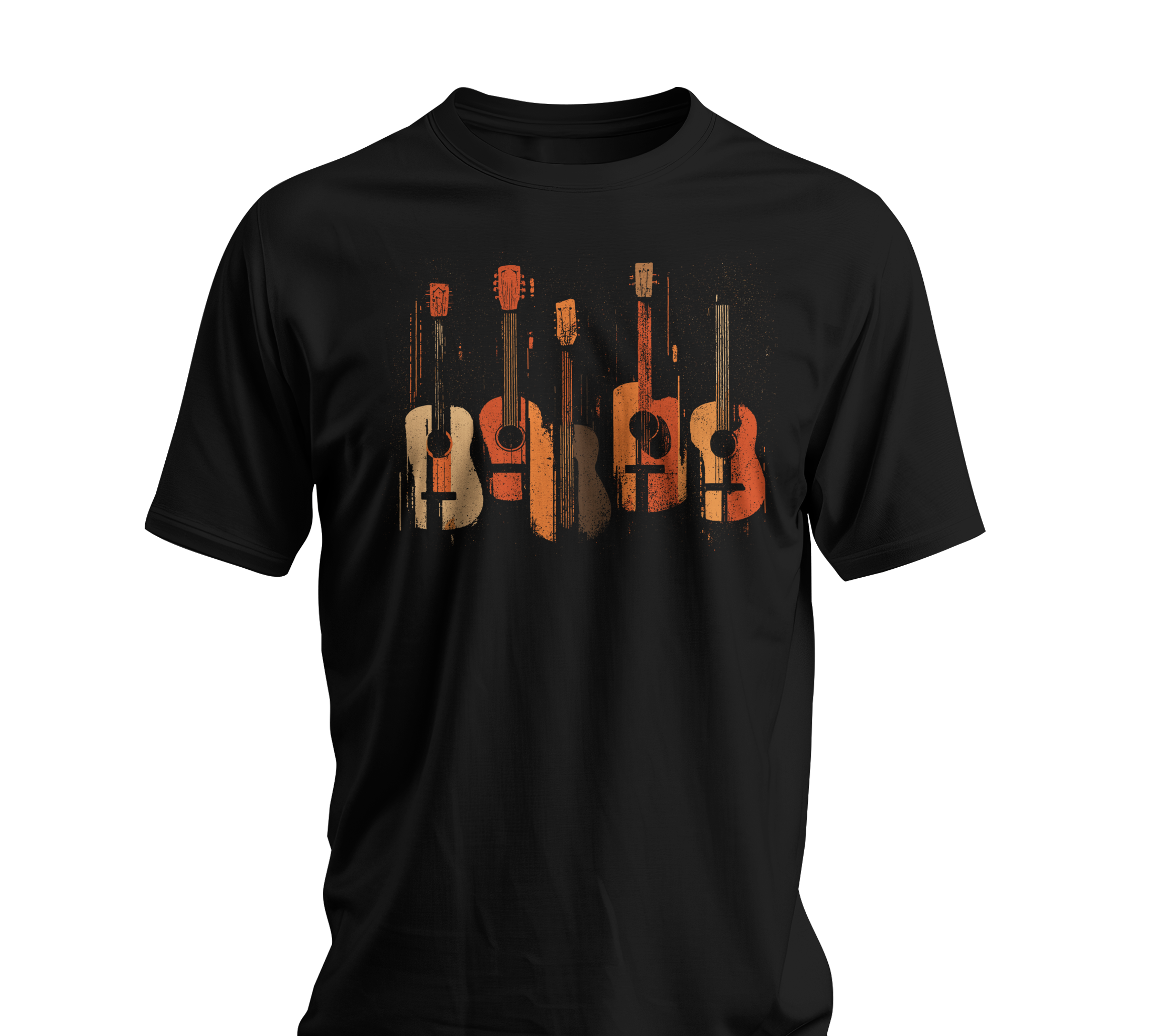 Black t-shirt with guitar graphic on a white background