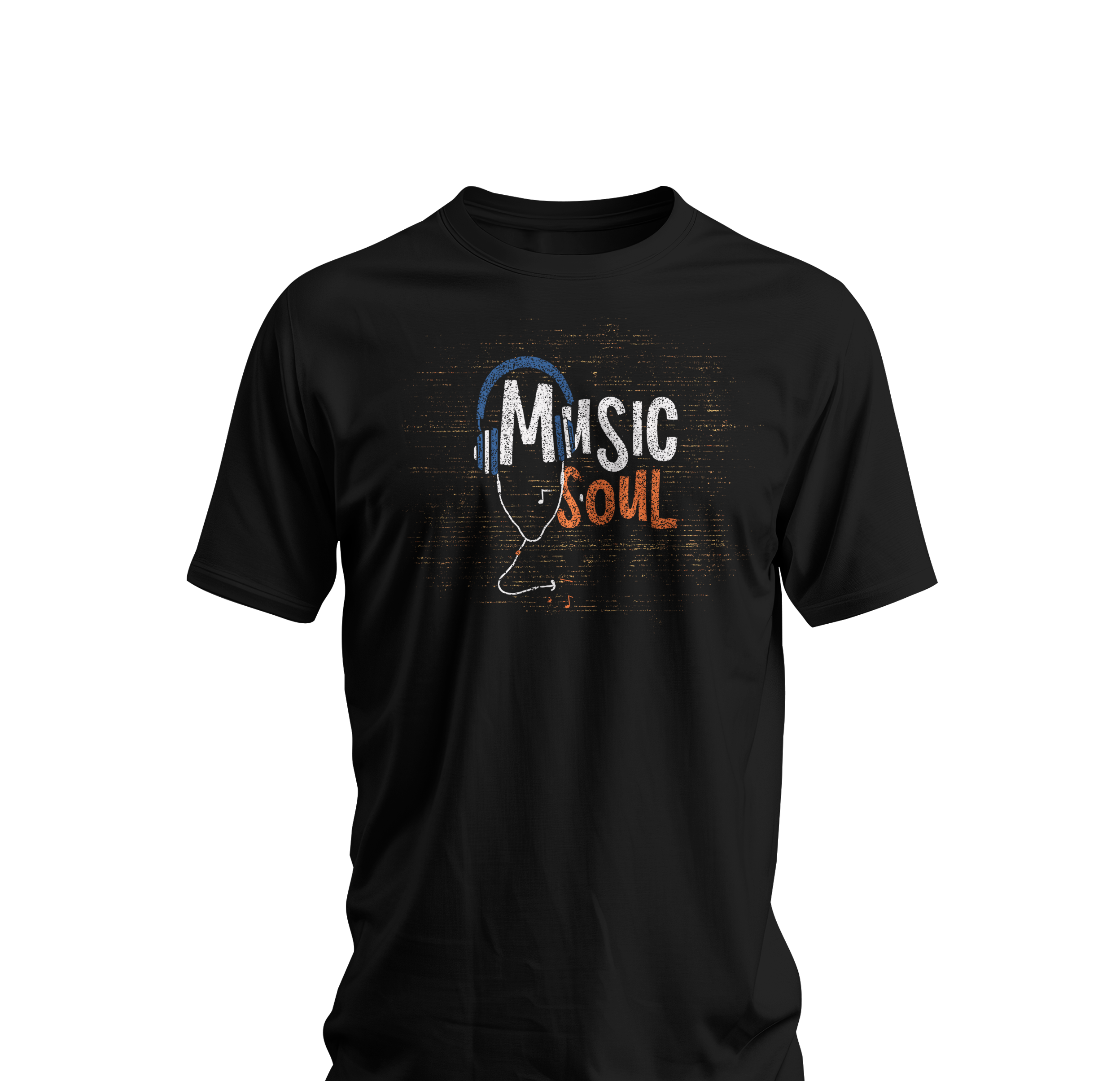 Black t-shirt with 'Music is Soul' design on a white background