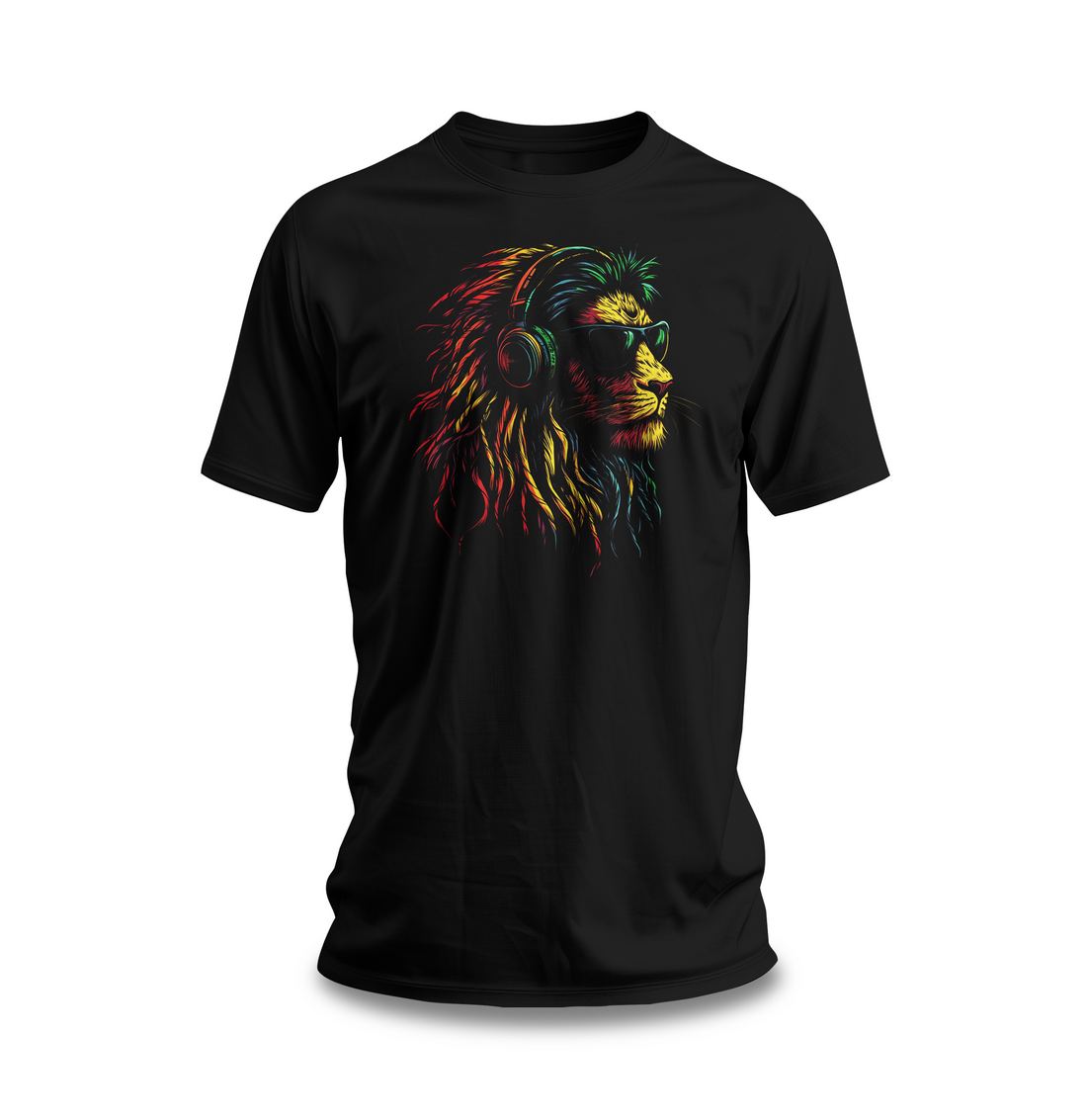 Lion Graphic T-Shirt | Black Lion Tee with Headphones and Sunglasses | Colorful Lion Design for Music and Animal Lovers | Cotton Graphic Tee for Men and Women | Casual Stylish Unisex Shirt