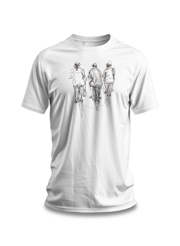 Sketch Cycling Trio T-Shirt | White Cotton Tee with Artistic Cyclist Design | Casual Unisex Shirt for Everyday Wear