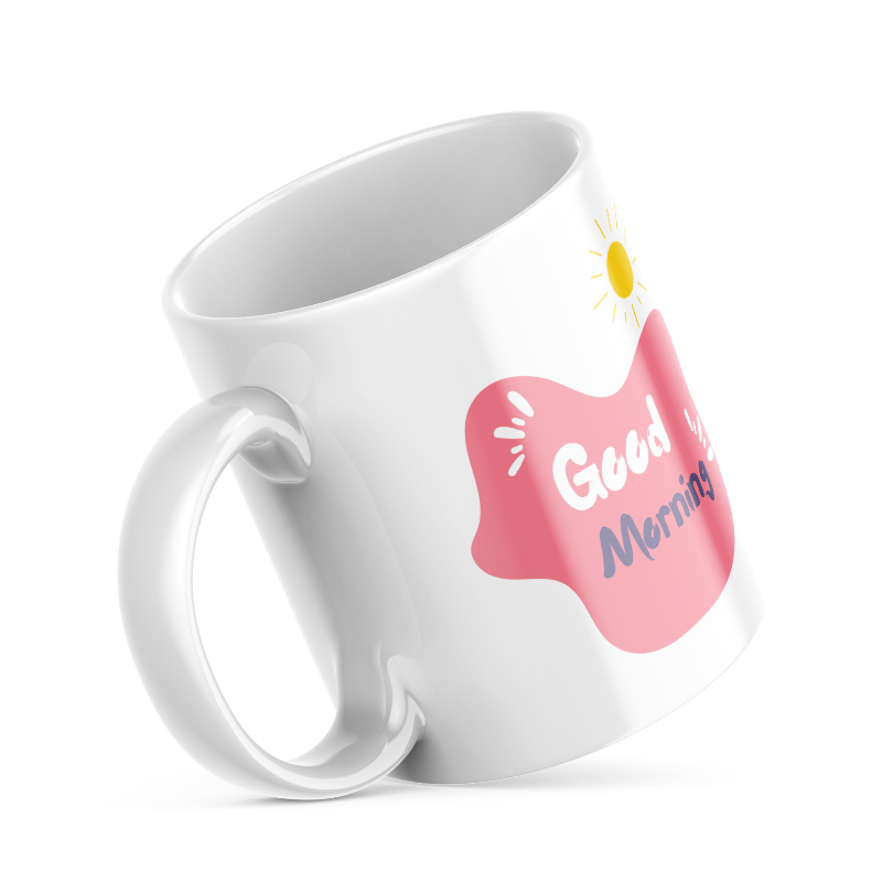 Two ceramic coffee mugs with floral and music notes designs, one with a 'Good Morning' message and the other with a sun and clouds design.