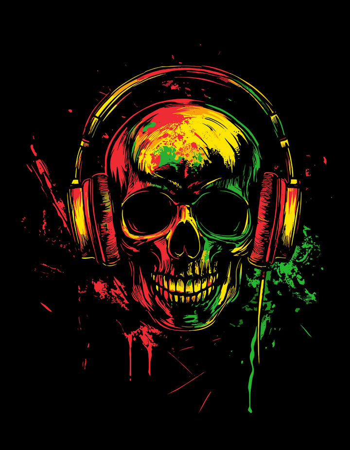 Vibrant Skull with Headphones T-Shirt | Black Cotton Unisex Tee with Colorful Skull Design | Perfect for Music and Art Lovers