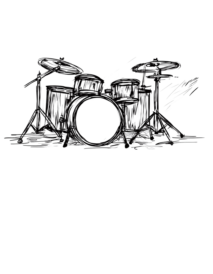 Hand-Drawn Drum Kit T-Shirt | White Cotton Unisex Tee with Artistic Music Design | Perfect for Drummers & Music Lovers