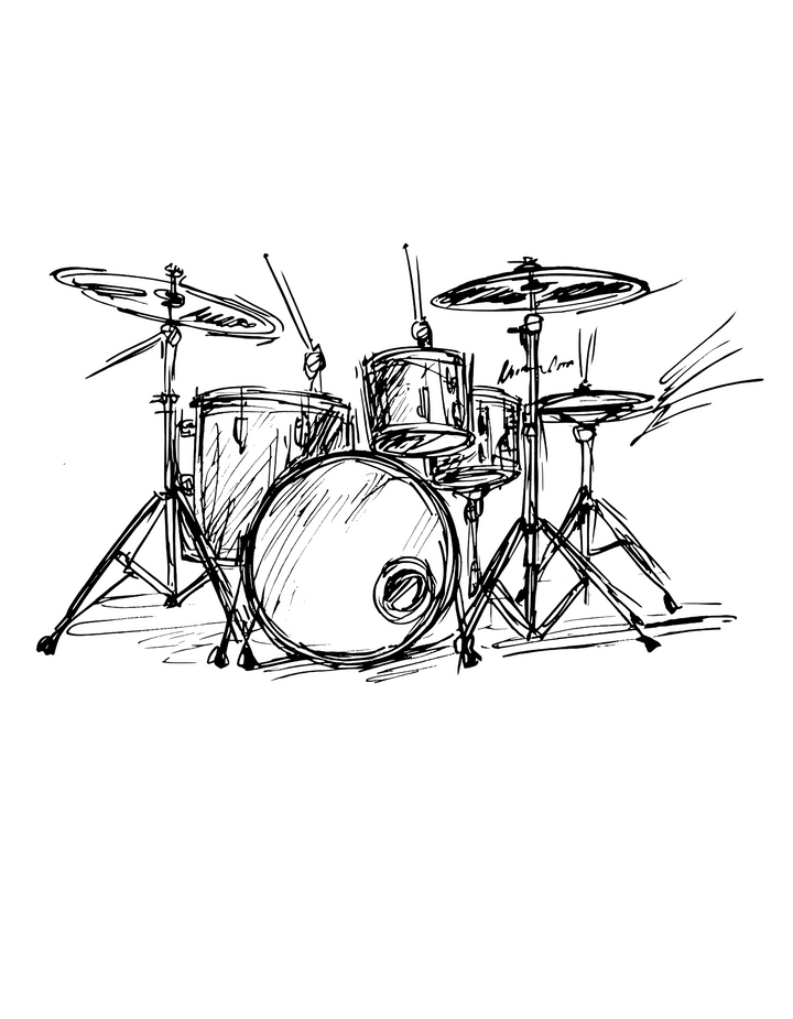 Drum Set Sketch T-Shirt | White Cotton Tee with Artistic Hand-Drawn Drum Design | Unisex Music Lover's Shirt