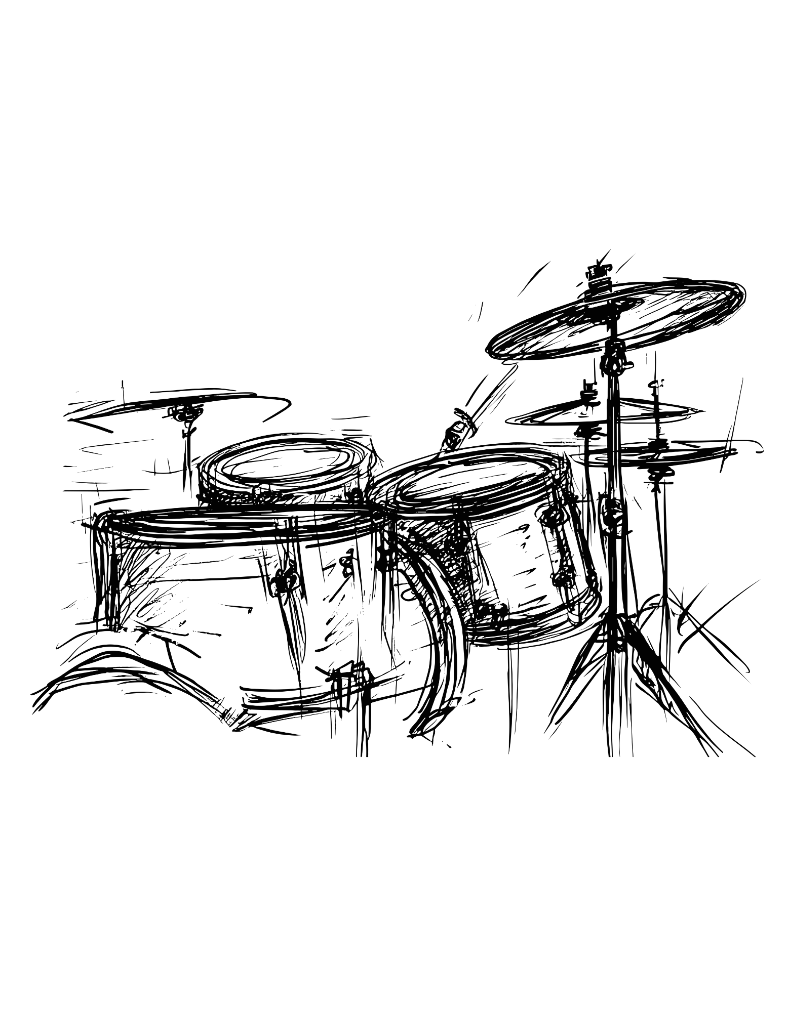 White cotton t-shirt with a hand-drawn artistic sketch of a drum kit in the center.