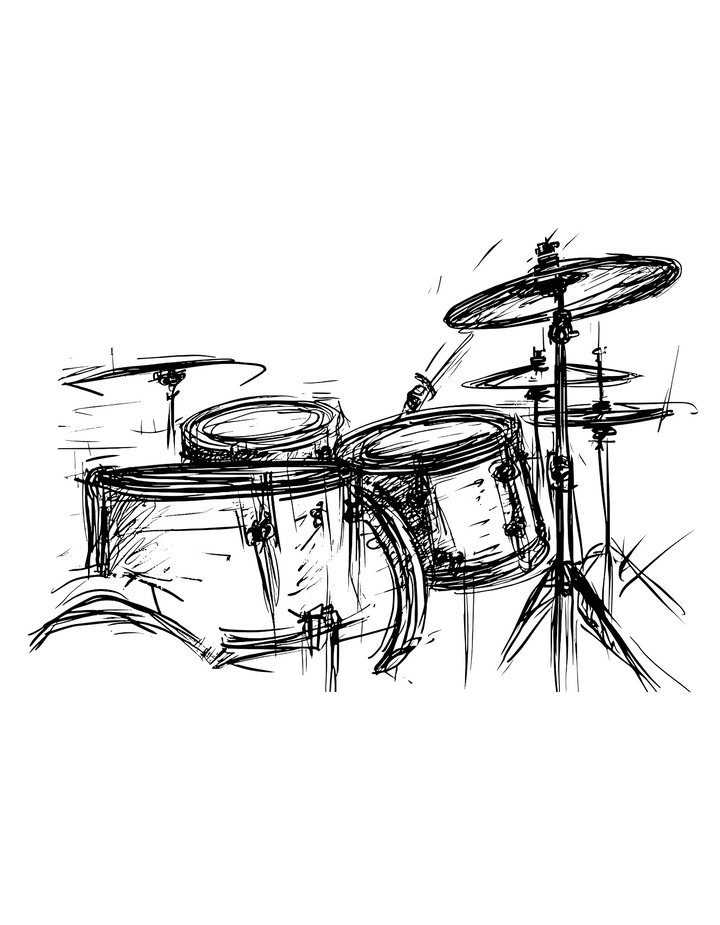 Drum Set Sketch T-Shirt | White Cotton Tee with Artistic Drum Kit Design | Stylish Musician-Inspired Unisex Shirt