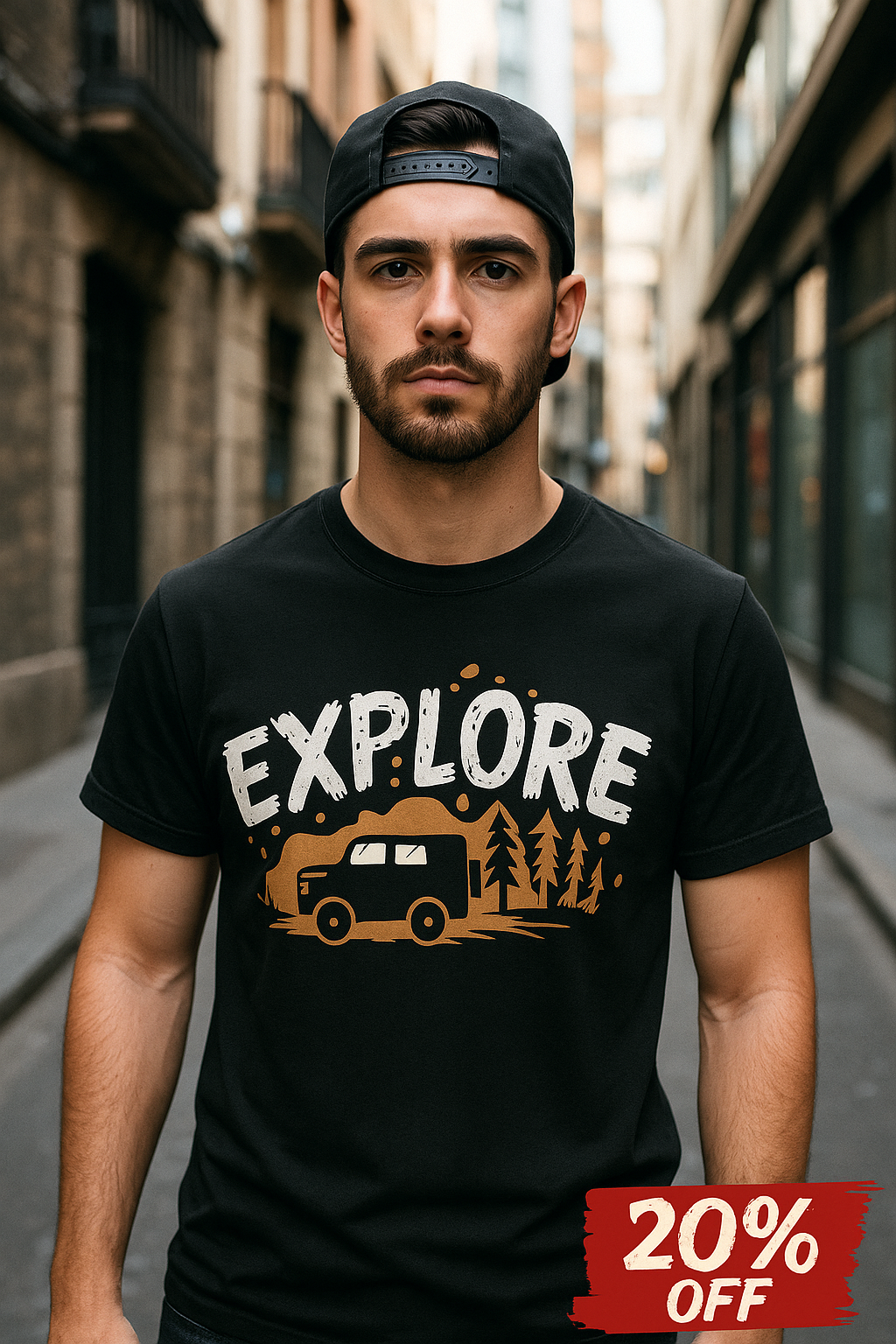 Man wearing a black t-shirt with 'EXPLORE' graphic and '20% OFF' badge in an urban setting