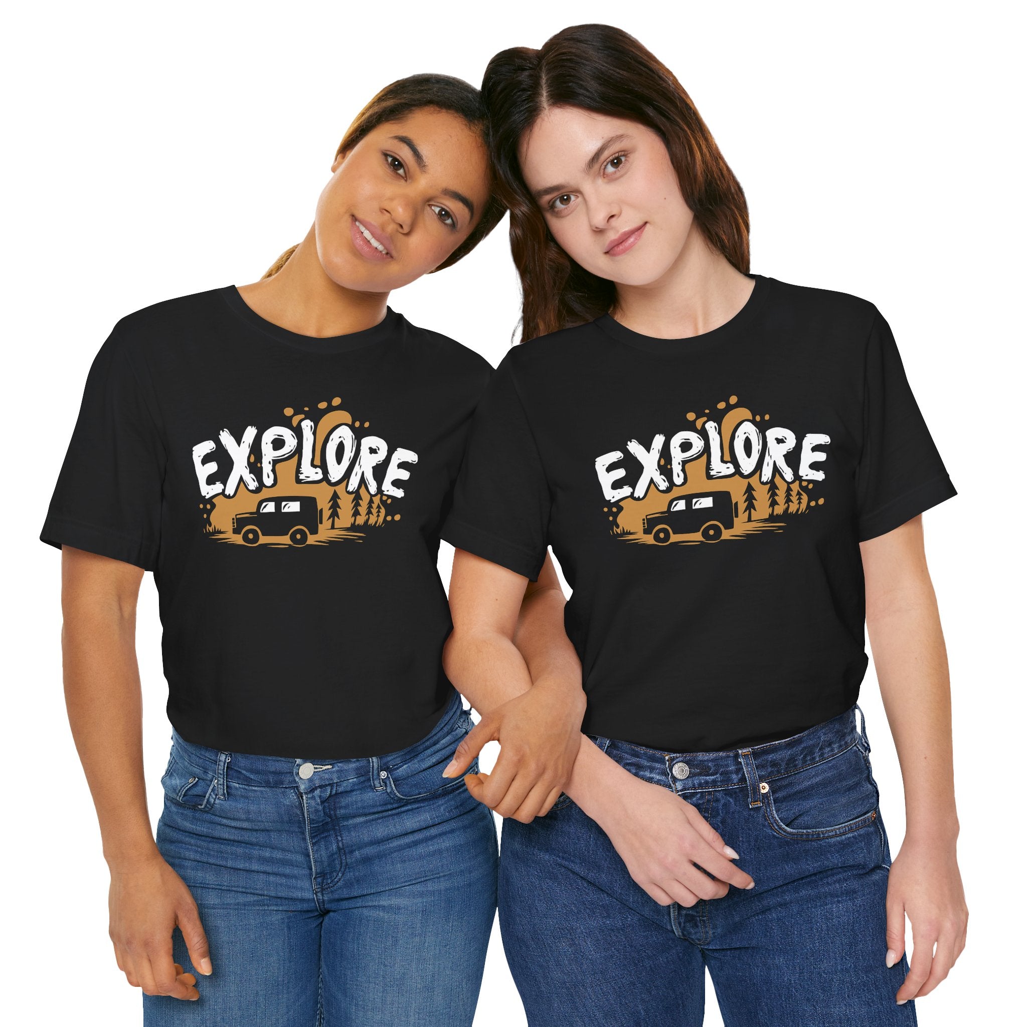 Two people wearing black t-shirts with 'EXPLORE' and camping graphic design.