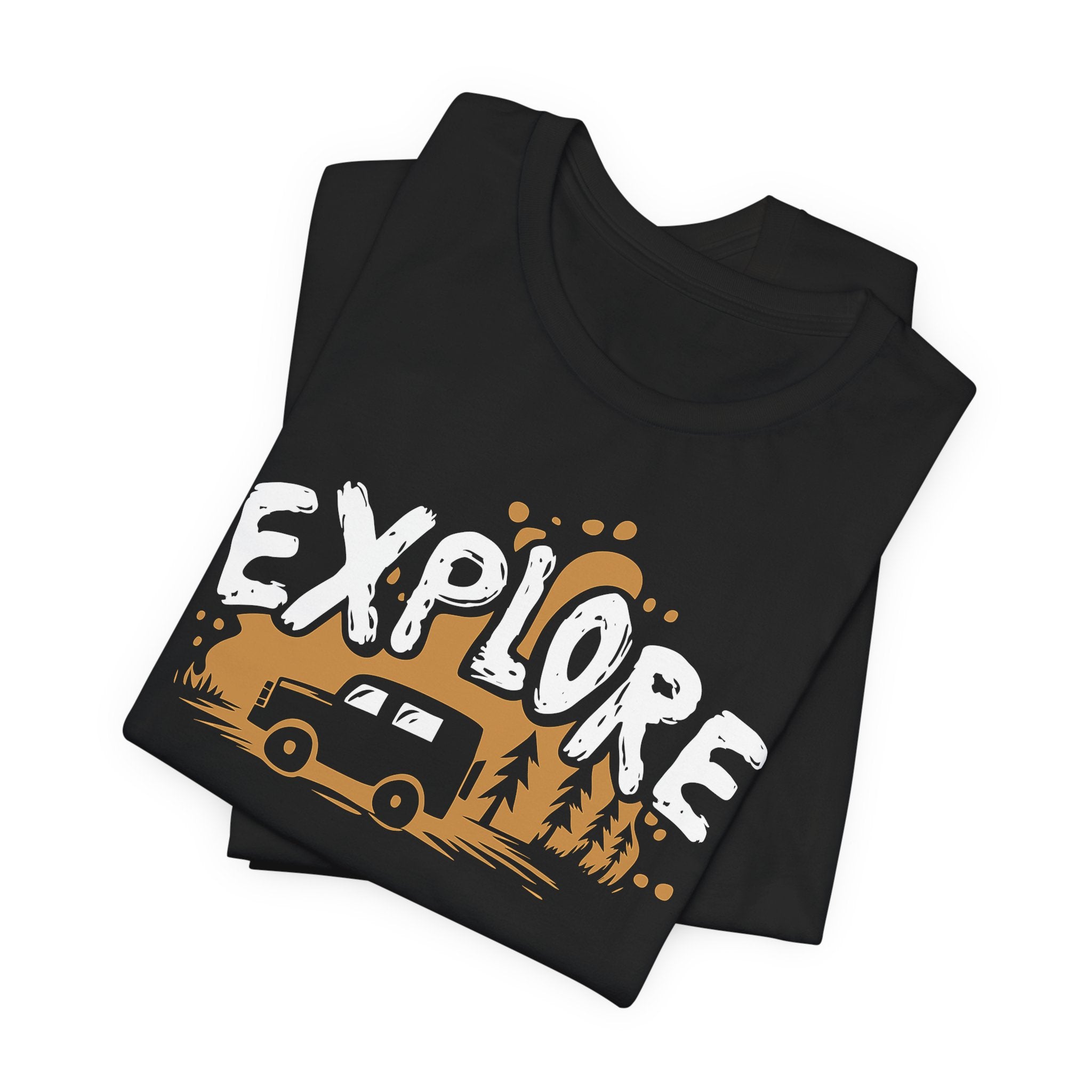 Black t-shirt with 'EXPLORE' graphic design featuring a car and nature elements on a white background.