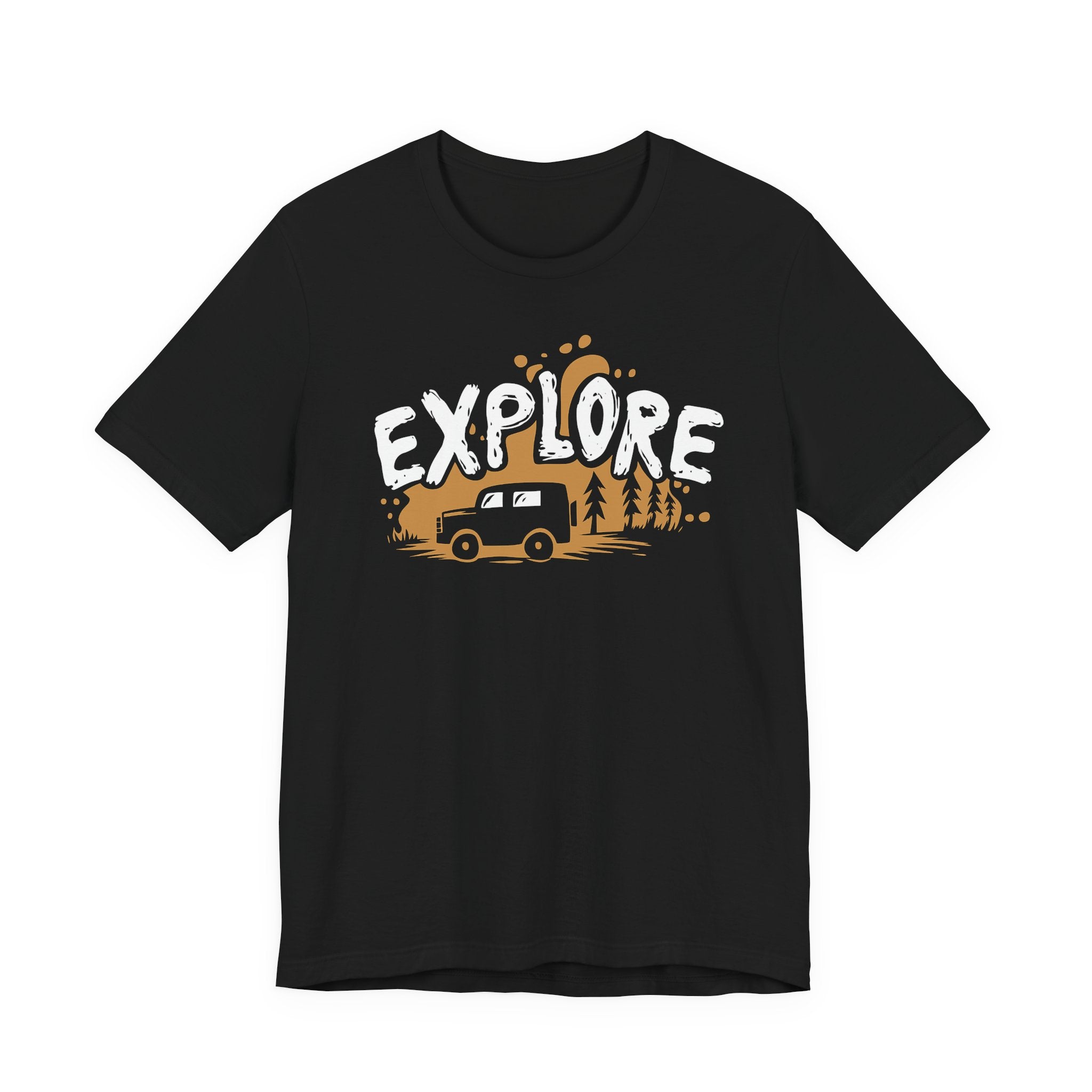 Black t-shirt with 'EXPLORE' graphic design featuring a van and trees on a white background