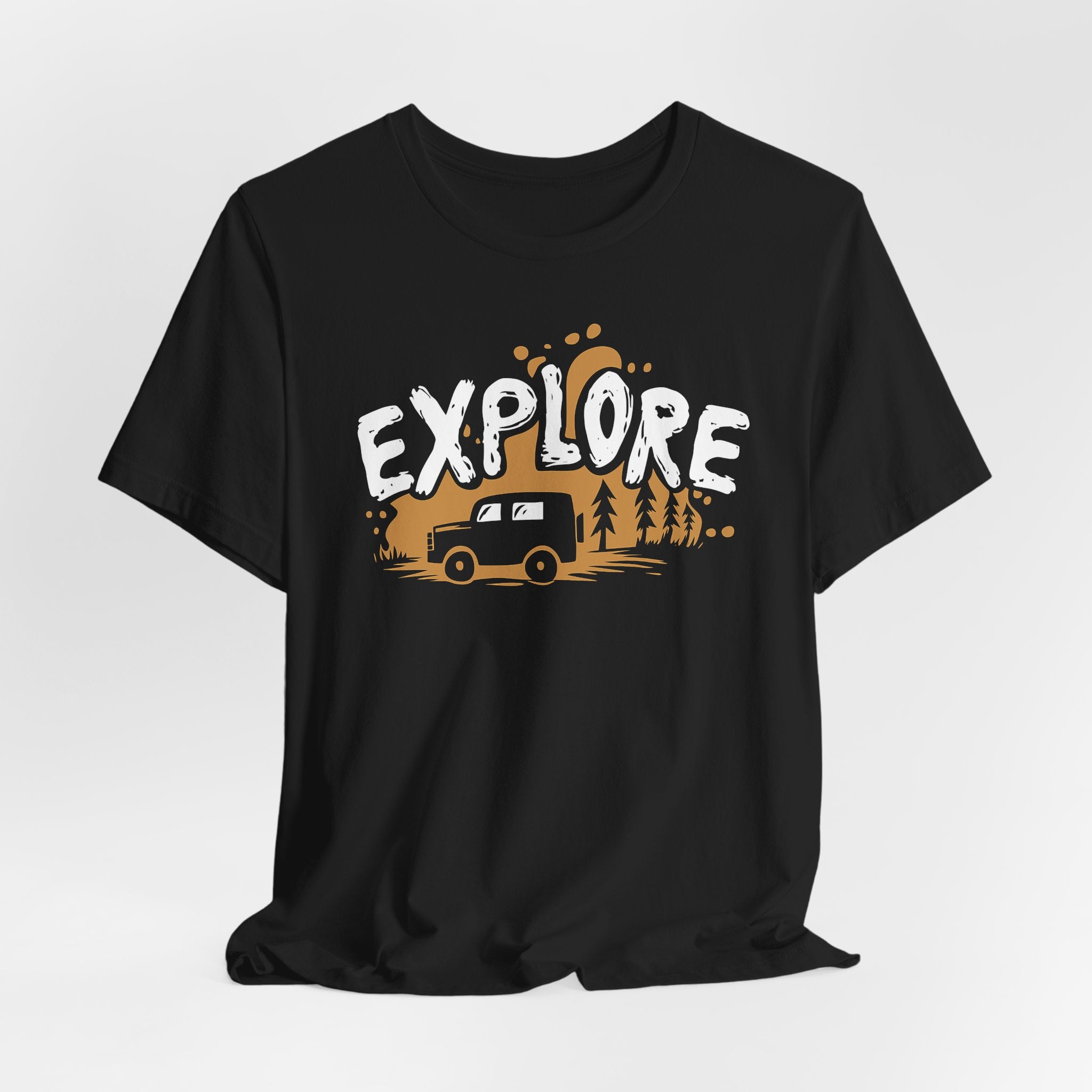 Black t-shirt with 'EXPLORE' graphic design featuring a van and trees on a white background