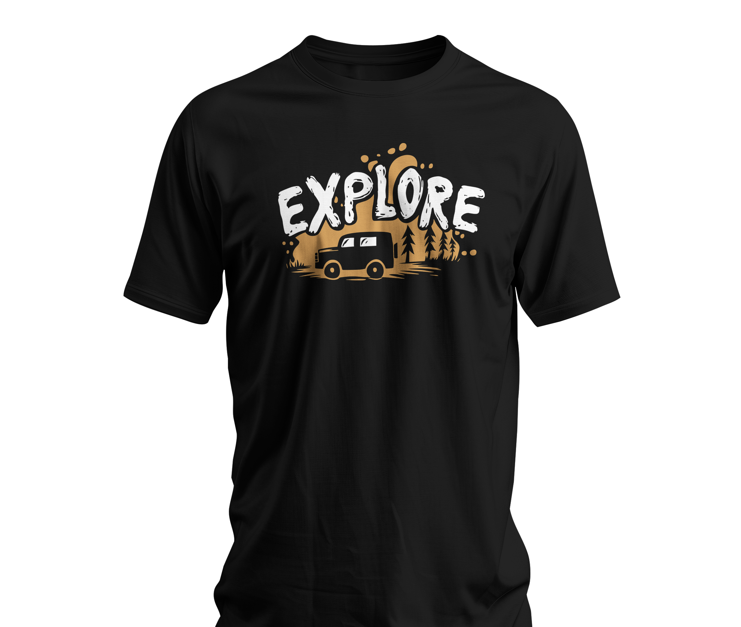 Black t-shirt with 'EXPLORE' graphic design featuring a van and trees on a white background