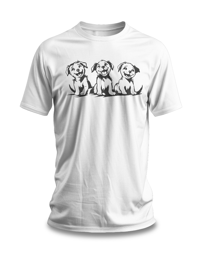 A white t-shirt featuring a graphic design of three smiling puppies sitting side by side.