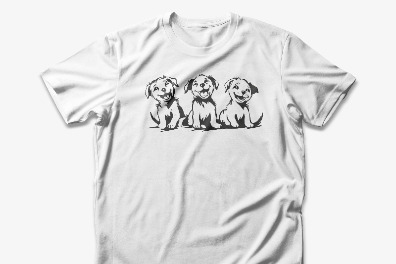 A white t-shirt featuring a graphic design of three smiling puppies sitting side by side.