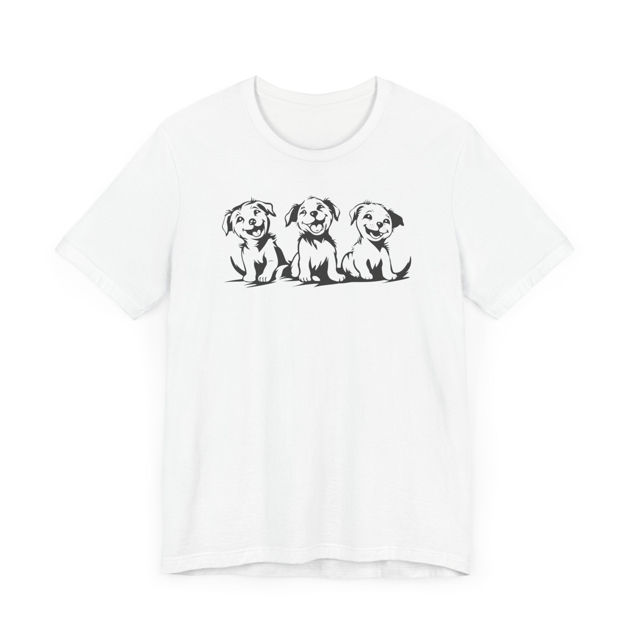 A white t-shirt featuring a graphic design of three smiling puppies sitting side by side.