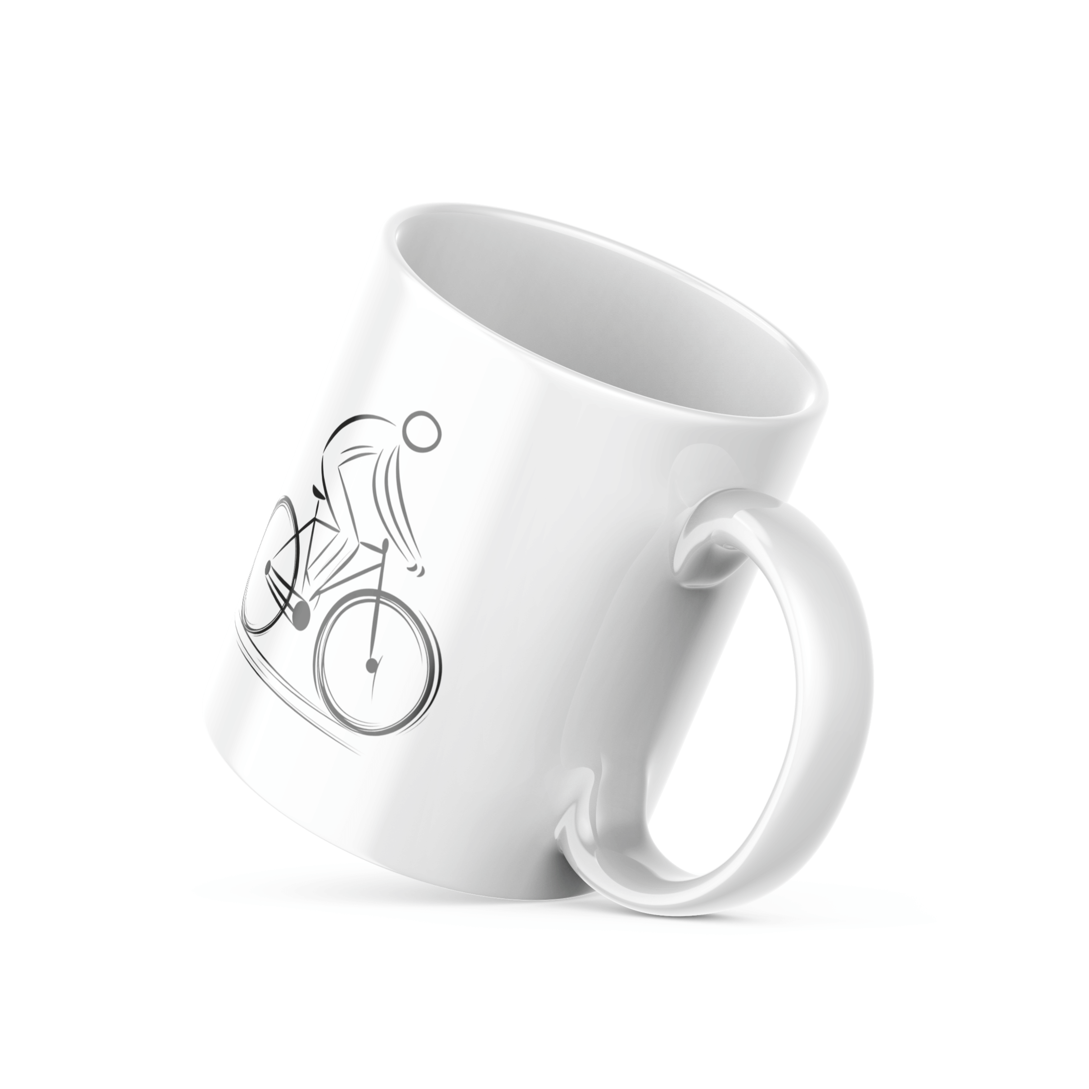 A white ceramic mug with a minimalist black line drawing of a bicycle on one side and a 'Good Morning' text on the other, placed on a white background.