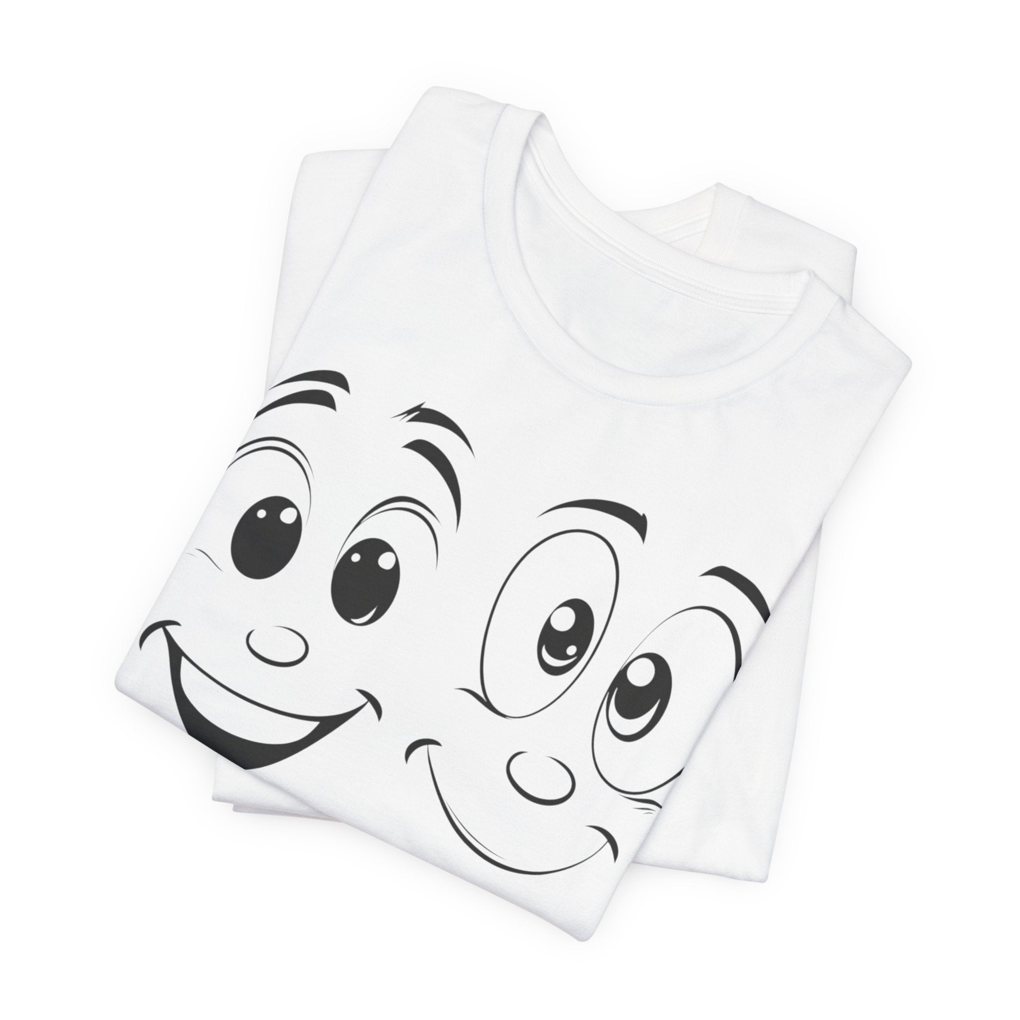 A white cotton tee with a graphic print of two cartoon faces with smiles on it.