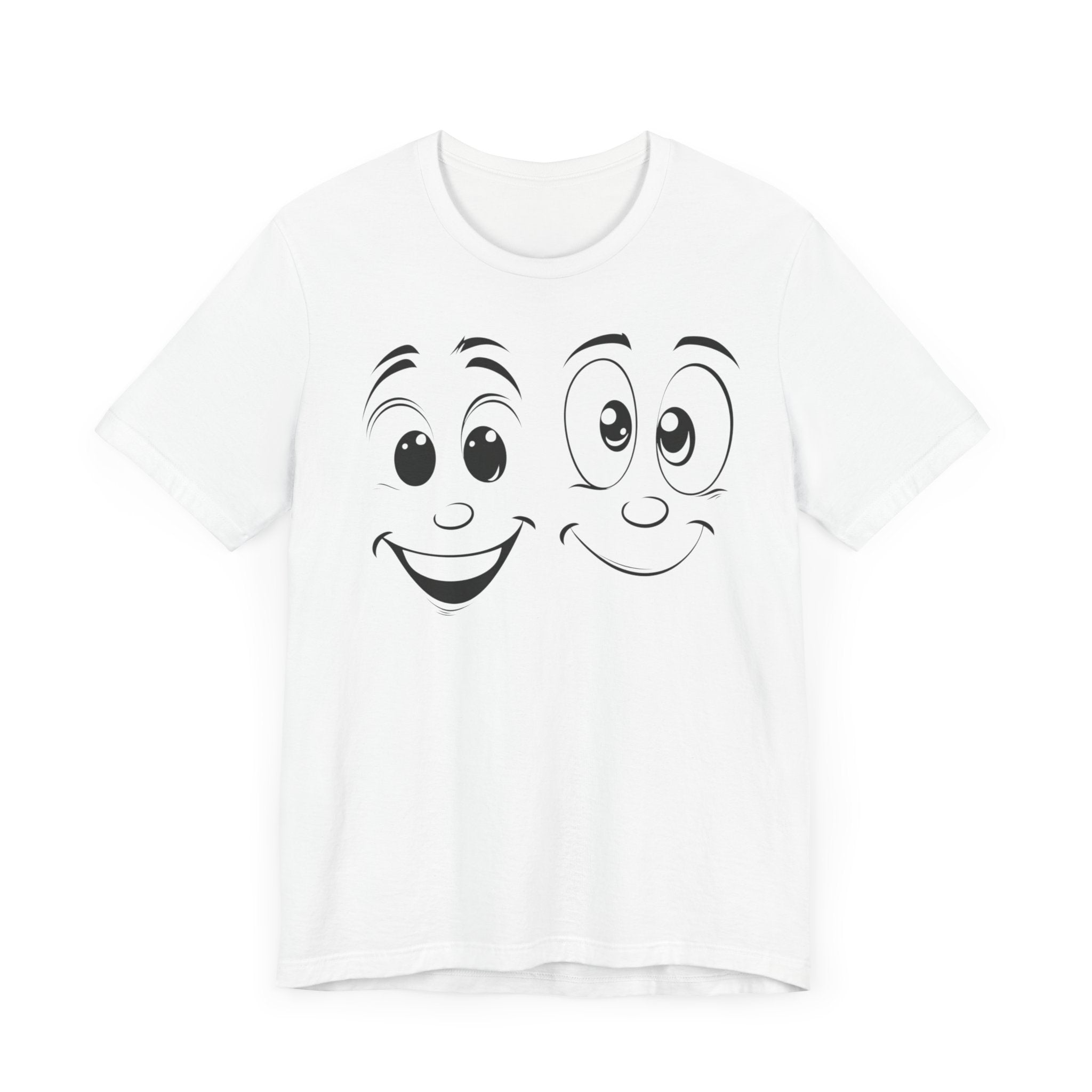A white cotton tee with a graphic print of two cartoon faces with smiles on it.