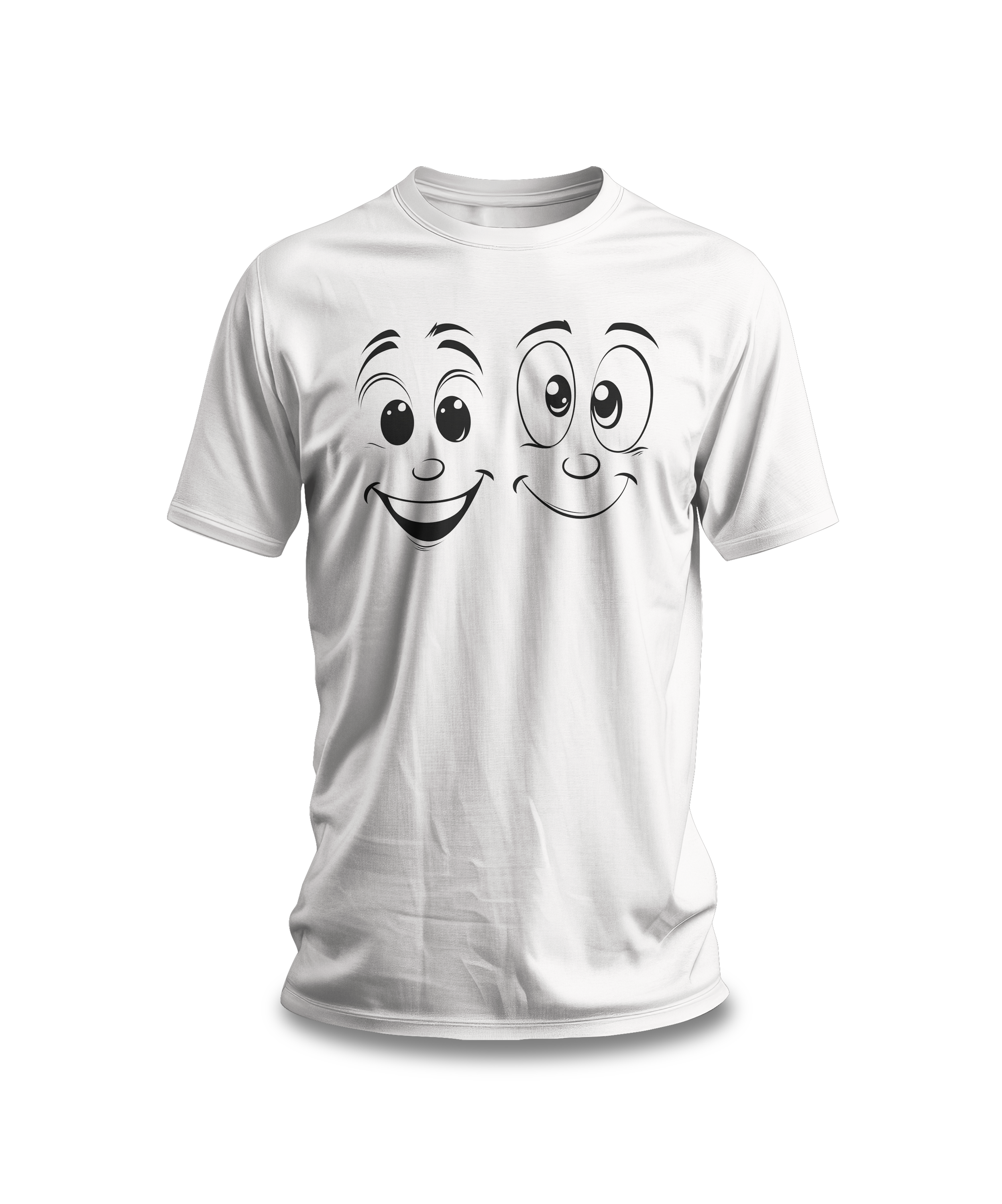 A white cotton tee with a graphic print of two cartoon faces with smiles on it.