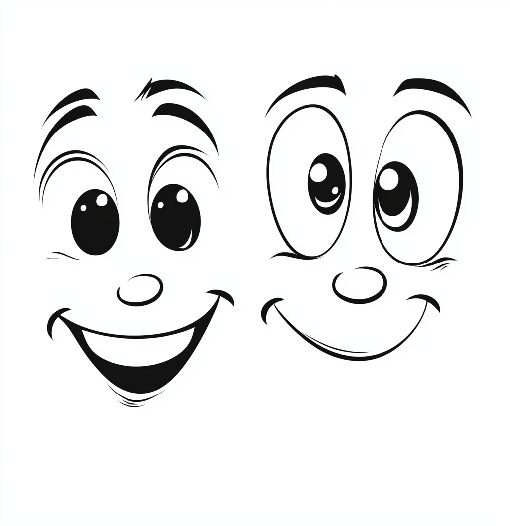 A white cotton tee with a graphic print of two cartoon faces with smiles on it.