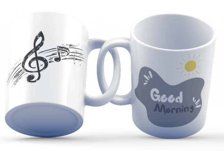 White ceramic mug with treble clef and Good Morning splash design – 11oz music-themed gift for coffee lovers and musicians
