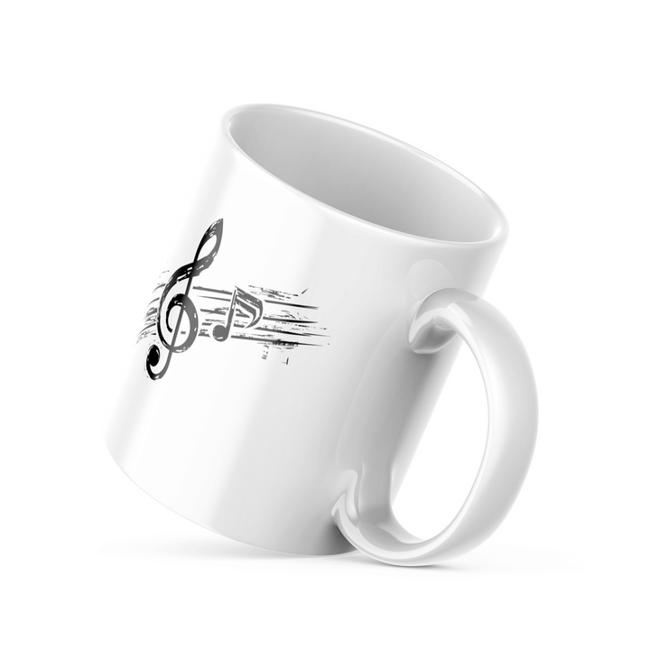 White ceramic mug with treble clef and Good Morning splash design – 11oz music-themed gift for coffee lovers and musicians
