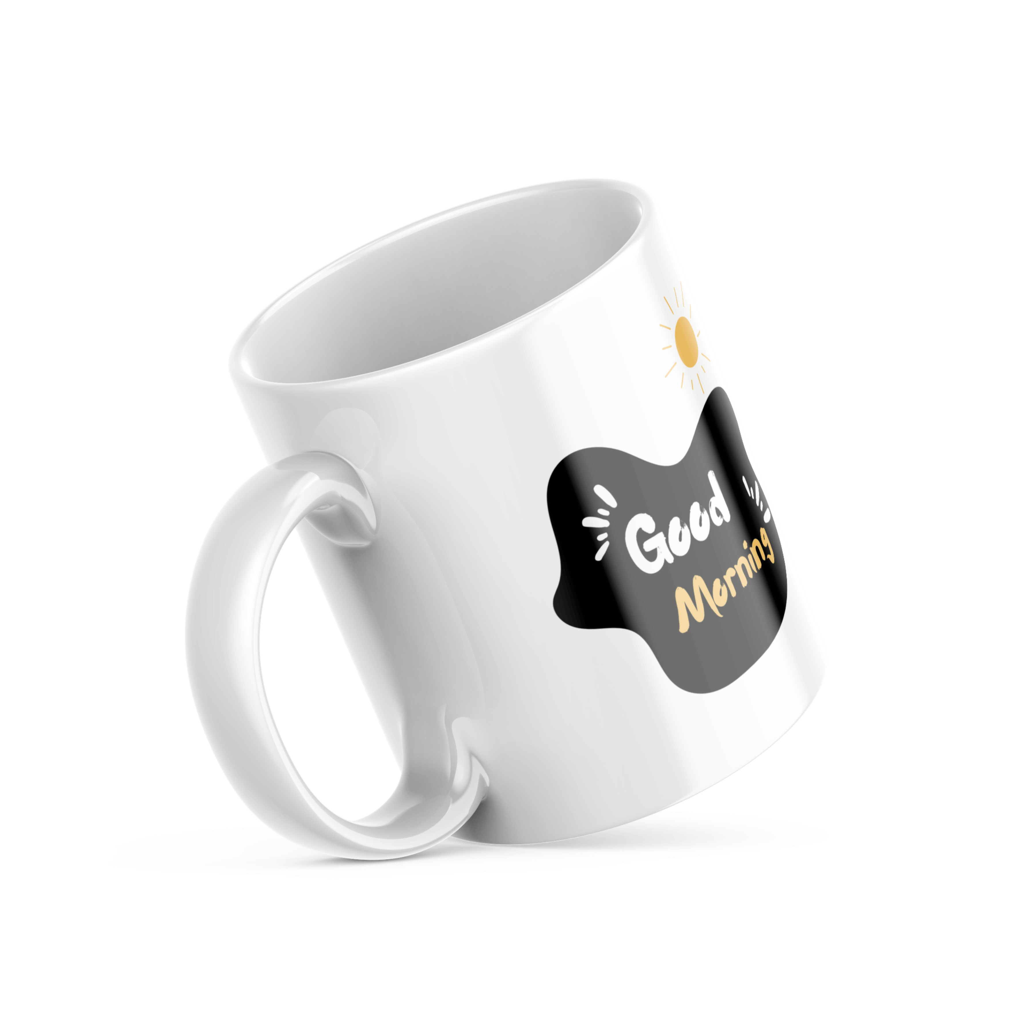 Two ceramic mugs, one with a minimalist smiley face design and the other with 'Good Morning' text and a sun graphic, both in black and yellow colors on a white background.